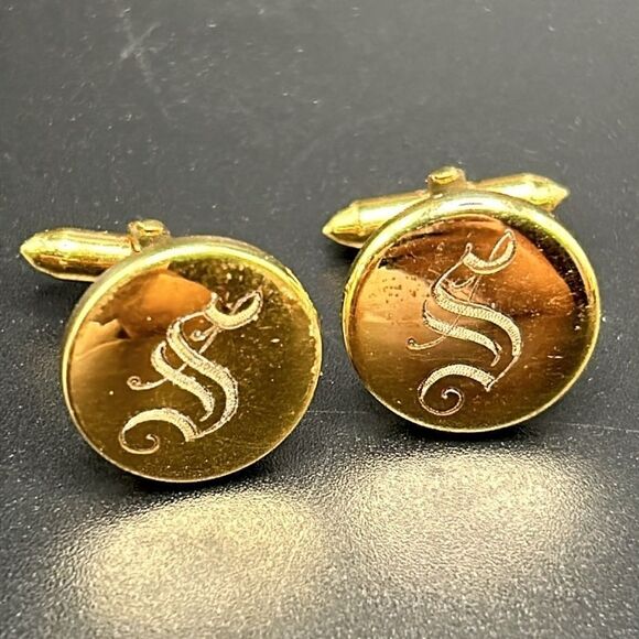 VTG 14K Gold Filled Men's Cufflinks Monogrammed Engraved "S" - Picture 1 of 7